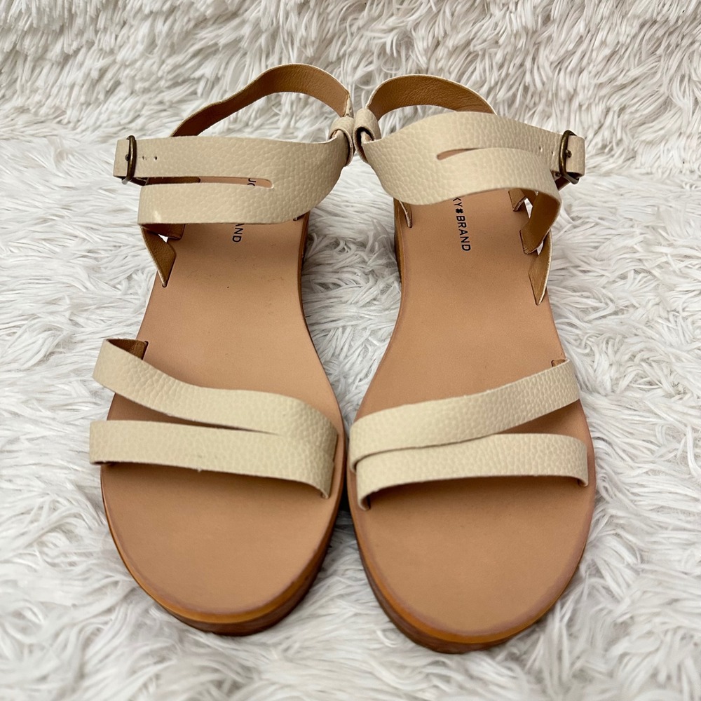 Lucky Brand Hecilia Beige Strappy Leather Slingback Low Wedge Sandals -New 9.5M